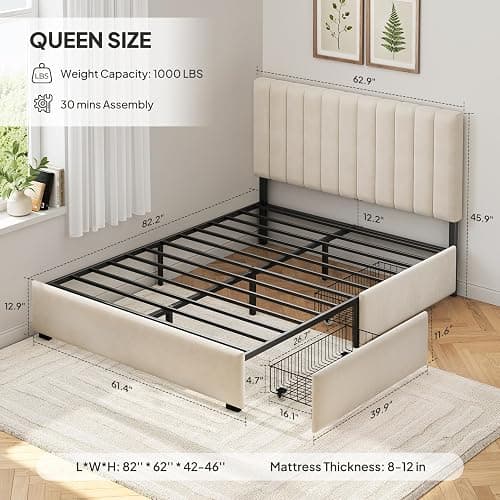 Welzona Queen Bed Frame with Storage and Headboard, Velvet Upholstered Metal Platform Corner Bed with Vertical Tufted Headboard, 2 Storage Drawers, 3-Height Level, Noise Free, Easy Assembly, White thumbnail 2
