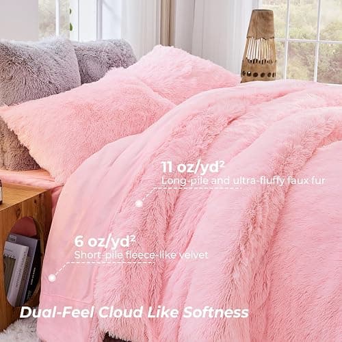 Sasttie 3-Piece Fluffy Duvet Cover Queen, Ultra Soft Faux Fur and Velvet Pink Comforter Cover, Luxury Fuzzy Bedding Sets for Winter Bed, Includes 1 Duvet Cover and 2 Pillowcases, No Comforter thumbnail 3