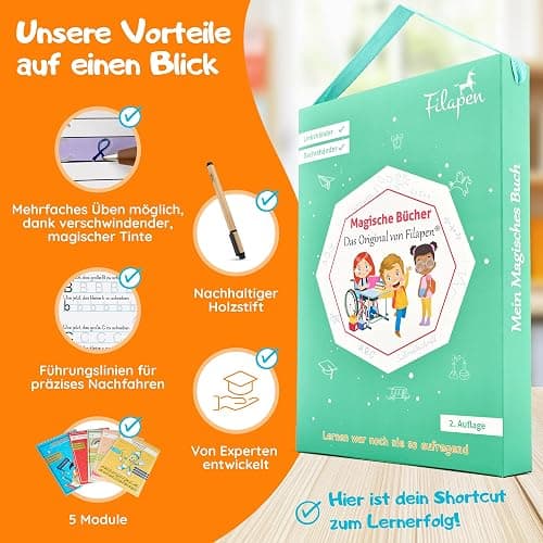 Filapen® Magische Vorschulhefte ab 4 Jahren – 5 Übungshefte + Stift (wiederverwendbar) – Schreiben & Rechnen lernen, Buchstaben & Zahlen üben – Für Linkshänder und Rechtshänder thumbnail 7