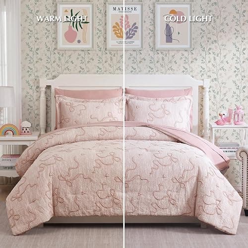 Geniospin Pink Twin Comforter Set for Girls- 5 Pieces Bowknot Jacquard Bed in A Bag Twin Bedding Sets with Sheets, Pillowcases & Shams, All Season Kids Comforter Set thumbnail 6