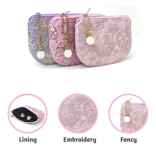 Handmade Rosary Pouch Women Coin Purse Silk Jewelry Bag Brocade Zipper Wallet - LightPink thumbnail 4