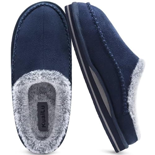 KuaiLu Mens Clog Slippers with Arch Support Suede Faux Fur Memory Foam Warm House Shoes Comfortable Slip-on Mans Bedroom Indoor Outdoor Slippers Rubber Sole - Image 1