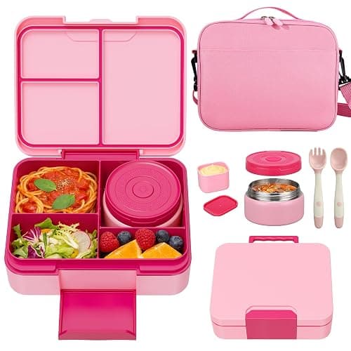 Kids Bento Lunch Box Set with 9.5oz Soup Thermo, Leak-Proof Lunch Food Containers with 3 Compartment and Removable Inner Tray, Insulated Hot Food Jar with Lunch Bag for School, Office, Pink - Image 1