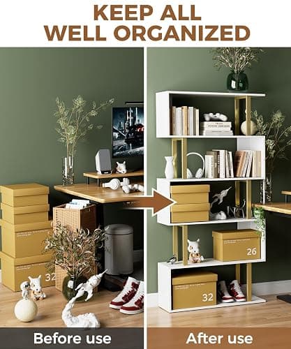 Gadroad 5 Tier Geometric Bookcase,S Shaped Bookshelf, Wood Decorative Storage Shelving, Modern Freestanding Display Shelves, Tall Book Shelf Unit for Living Room Bedroom, Gold thumbnail 7