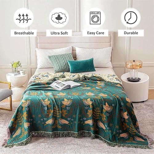 Boho Throw Blanket for Bed 100% Cotton Ultra Soft Rustic Quilt Queen Blanket Bird Floral Printed Farmhouse Decor Large Fall Bed Blankets,90"×98" All Season Rustic Throw for Sofa Couch Chair thumbnail 3