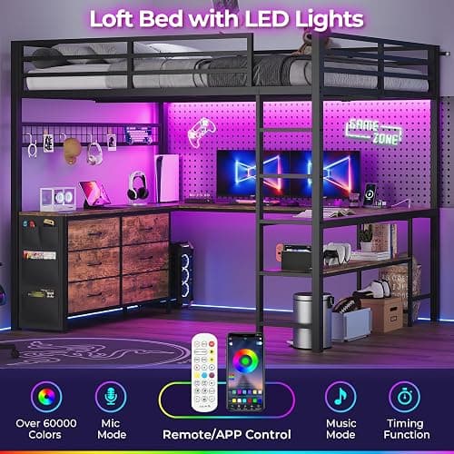 ADORNEVE Loft Bed Full Size with U-Shaped Desk, 6 Drawers, Rustic Brown | Metal Loft Bed with Power Outlet, LED Light, 2 Storage Shelves, Safety Guardrail & Ladders, No Box Spring Needed thumbnail 4