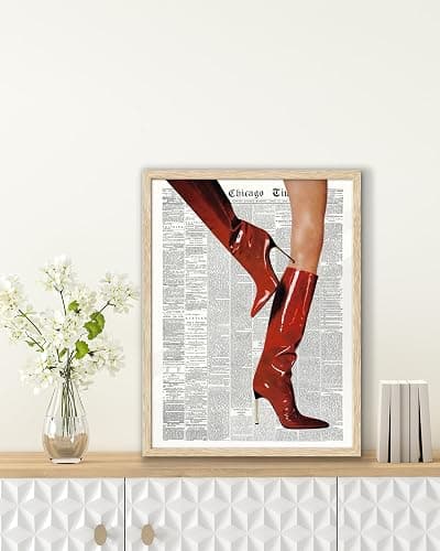 EcoHest UnFramed Trendy Newspaper Red Boots Wall Art, 12x16 in OAK Wood Fashion Icon Canvas Wall Art, Magazine Home Decor, Beige Logs Retro Set of 1 for Bedroom Living Room thumbnail 2