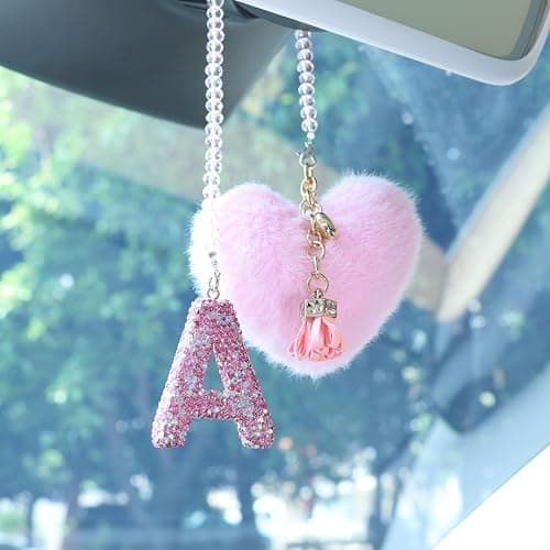 MOTOFITOOL Bling Pink Car Accessories for Women Letter Charm, Rainbow Color Rear View Mirror Cute Crystal Pendant Car Decorations, Lucky Gifts Diamond Rhinestone Charm Interior(A, Tassel Heart) thumbnail 4