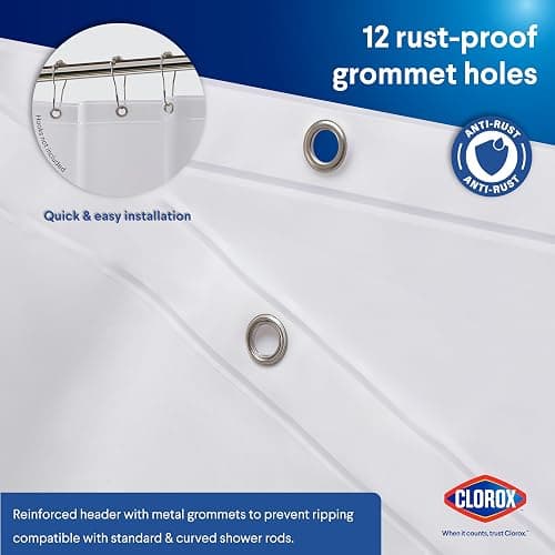Clorox Shower Curtain Liner, Premium Medium-Weight Durable Waterproof 6g PEVA for Bathroom with Weighted Magnets, Standard Size 72" x 72", Frosty 1 Pack thumbnail 7