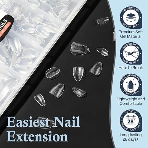 Luckyfairy Extra Short Almond Nail Tips, 240pcs Soft Gel Pre-Shaped Acrylic Fake Nails, Half Matte Full Cover Clear Gelly Press on Flase Nail Tips for Extension Nail Manicure Home DIY 12 Sizes - Extra Short Almond thumbnail 5