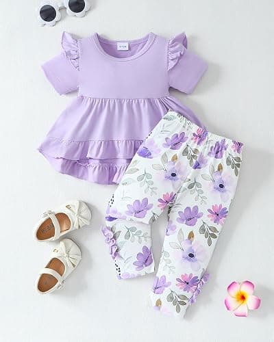 Weebaby Baby Girl Clothes Infant Toddler Girl Clothing Ruffle Shirt High Low Top Floral Allover Pant Little Girls Clothes thumbnail 6