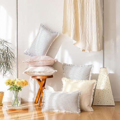 YEENAASY Striped Farmhouse Throw Pillow Covers 24X24 Set of 2 Boho Pillow Cover with Fringe Tassel Chic Cotton Decorative Pillows Modern Neutral Square Cushion Pillowcase for Sofa Couch Bed, Grey - Grey - 24" x 24" (Pack of 2) thumbnail 6