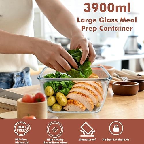 Razab 17 Cups / 132 Oz / 3900ml Large Glass Food Storage Containers with Lids - Leakproof, BPA-Free Large Meal Prep Container Ideal for Roasting Turkey, Store Leftover - Microwave & Oven Safe thumbnail 6