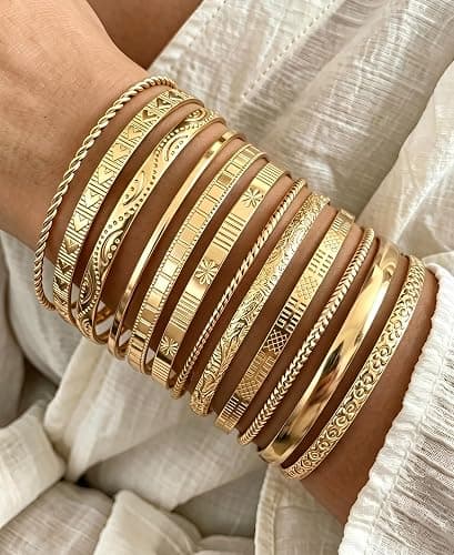 12Pcs Gold Bangle Bracelets for Women 14K Plated Adjustable Indian Boho Set | Stackable Layered Textured Bangle Set, Boho Gold Plated Bracelets, Lightweight Non Tarnish Jewelry, Great Gift for Women thumbnail 2