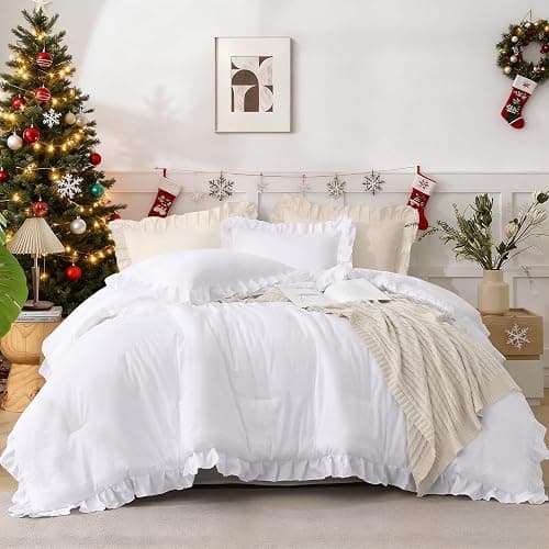 Andency Comforter Full Size Set White, 3 Pieces Ruffle Farmhouse Shabby Chic Gift Full Comforter Set, Soft Lightweight Fluffy All Season Room Decor Bed Set for Girls Women Teens Daughter thumbnail 2