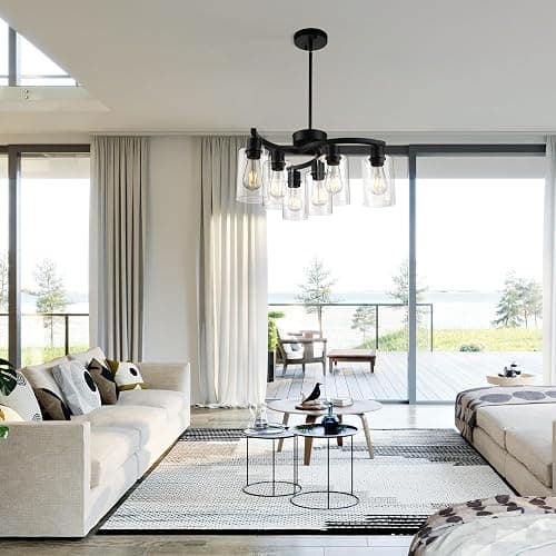 CNRATYE 6-Light Modern Farmhouse Black Chandelier, Contemporary Dining Room Light Fixture, Adjustable Height Hanging Industrial Pendant Lights Kitchen Island, Clear Glass Shade thumbnail 4