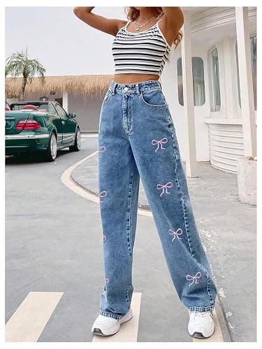 SweatyRocks Women's Casual Straight Leg Jeans Bow Embroidery High Waist Denim Pants with Pockets thumbnail 3