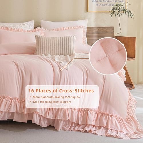 Masaca Blush Ruffle Comforter Full Size,3 Pieces Farmhouse Shabby Boho Chic Bedding Sets Full,Women Girls Bedroom Vintage Rustic Bedding Comforter Set All Season thumbnail 5