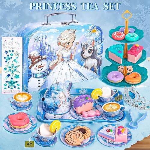 Hohosunlar Frozen Tea Party Set for Little Girls, Princess Gift Toy, Kids Pretend Play Tin Tea Set with Teapot, Tea Cups, Food Playset & Carrying Case, Birthday for Girls Age 3+ thumbnail 2