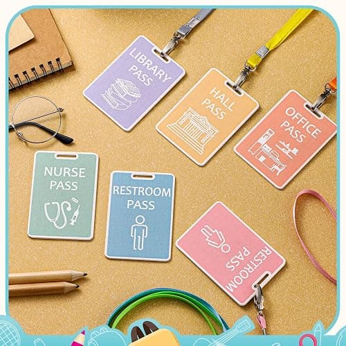 Sabary 6 Sets Hall Pass Lanyards and School Passes Set Unbreakable Wooden Bathroom Passes for Classrooms Hall, Restroom, Library, Office and Nurse School Teacher Supplies Gift(Light Color) thumbnail 2