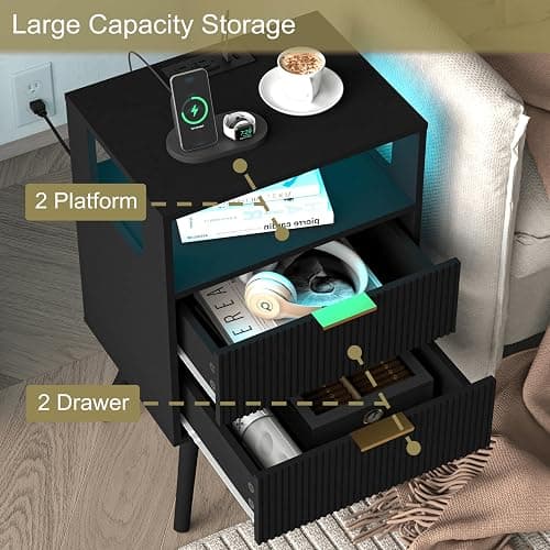 JOONEE Black Nightstand with Charging Station and LED Lights,Modern Bedside Table with 2 Storage Drawer and Open Wood Shelf, for Bedroom and Small Spaces,Night Stand with Solid Wood Legs,Black thumbnail 6