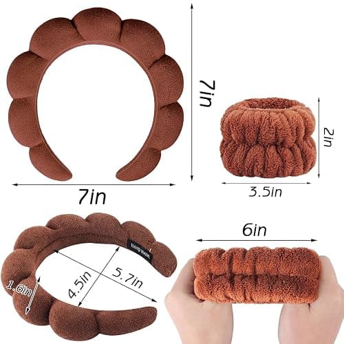 Zkptops Spa Headband for Washing Face Wristband Set Sponge Makeup Skincare Terry Cloth Bubble Soft Get Ready Hairband for Women Girl Puffy Padded Headwear Non Slip Thick Hair Accessory(Dark Brown) thumbnail 6