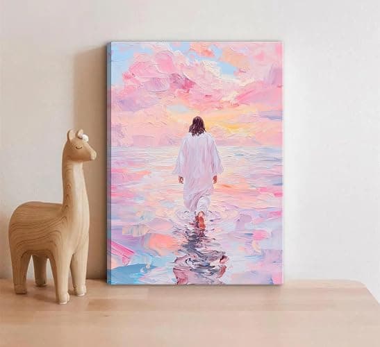 Jesus Canvas Wall Art Pink Jesus Walks on Water Canvas Paintings Prints Religious Savior Wall Decor Christian Bible Stories Poster printing Artwork for Living Room Bedroom Church Decoration 12x16in thumbnail 4