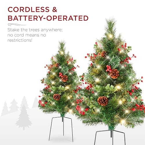 Best Choice Products Set of 2 24.5in Outdoor Pathway Christmas Trees, Battery Operated Pre-Lit Holiday Décor w/LED Lights, Red Berries, Pine Cones - Green W/Berries - 24.5in thumbnail 7