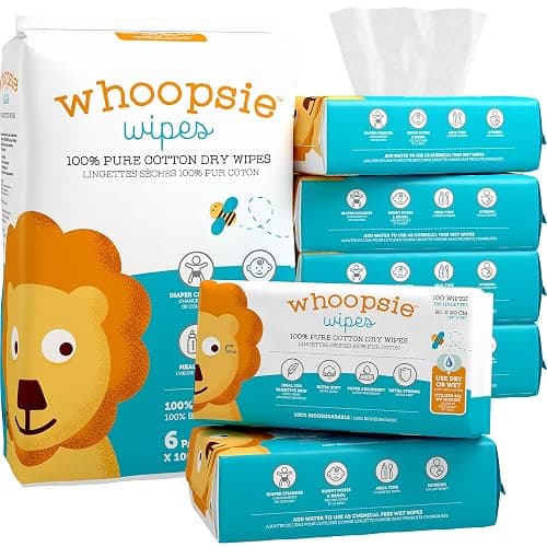 Whoopsie Wipes – The Original 100% Pure Cotton Dry Baby Wipes – Ultra Soft, Unscented, Chemical-Free Wipes for Sensitive Skin – Use Dry or Add Water for Wet Wipes – 6 Packs (600 Count) - Image 1