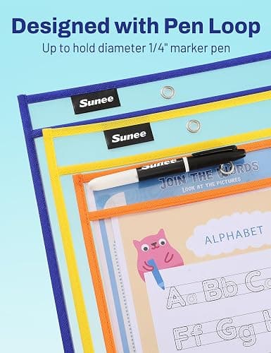 SUNEE 6 Packs Oversized Reusable Dry Erase Pocket Sleeves with Binder Ring, 6 Assorted Colors 10x14 Ticket Holders, Clear Plastic Sheet Protectors, Teacher School Classroom Supplies thumbnail 4