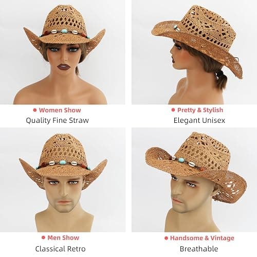Melesh Straw Cowboy Hat for Women and Men with Shapeable Wide Brim Sun Beach Western Cowgirl Hat thumbnail 6
