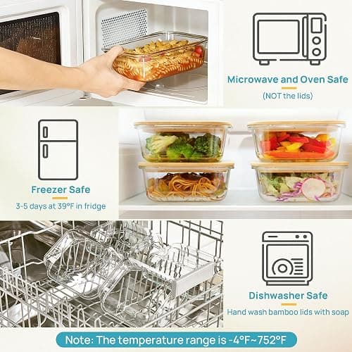 Vtopmart 5 Pack Glass Food Storage Containers with Bamboo Lids, 35oz | Reusable Meal Prep Containers for Leftovers, Lunch & Kitchen Storage, Microwave, Dishwasher Safe Glass Food Containers thumbnail 7
