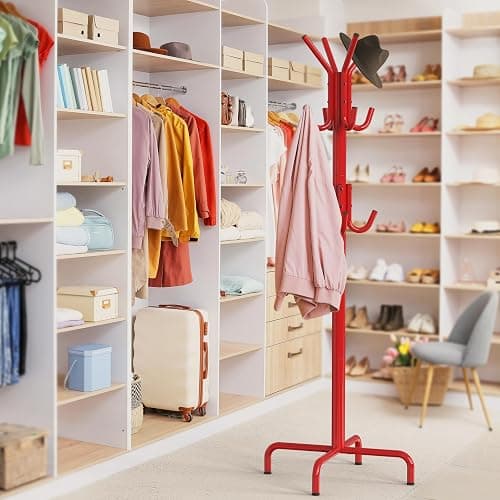 SIMPLE HOUSEWARE Standing Coat and Hat Hanger Organizer Rack, 12 Hooks, Red thumbnail 5