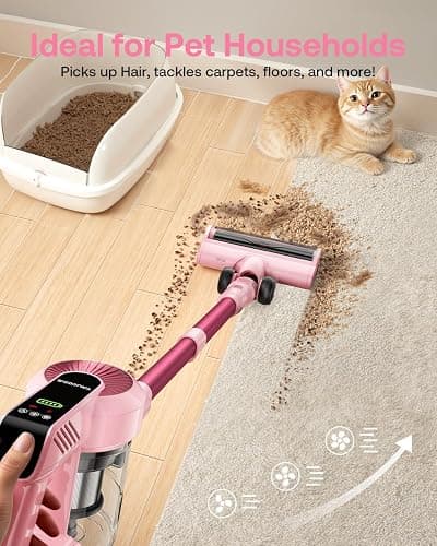 Cordless Vacuum Cleaner, 40Kpa 45Mins Vacuum Cleaners for Home, 8-in-1 Lightweight Stick Vacuum with Powerful Suction, Anti-tangle Wireless Vacuum for Carpet, Tile, Pet Hair, Hardwood Floors, Pink - Pink thumbnail 3