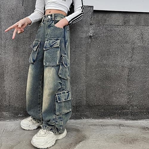 Rolanko Girls Cargo Pants Baggy Y2K Cargo Trousers Jeans Wide Leg Pants with Multi Pockets 4-15 Years - 12-14 - Multi-pockets thumbnail 3