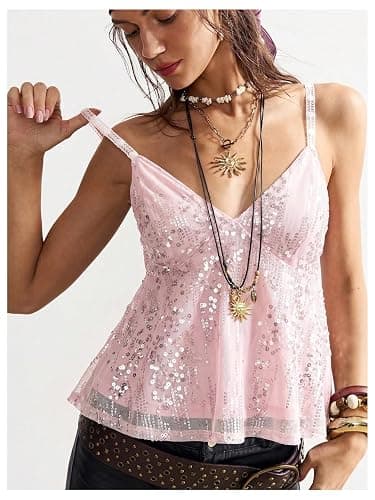 Verdusa Women's Y2K Sequin Mesh Babydoll Tops Sleeveless Backless Flowy Camisole Tops Club Outfits thumbnail 5