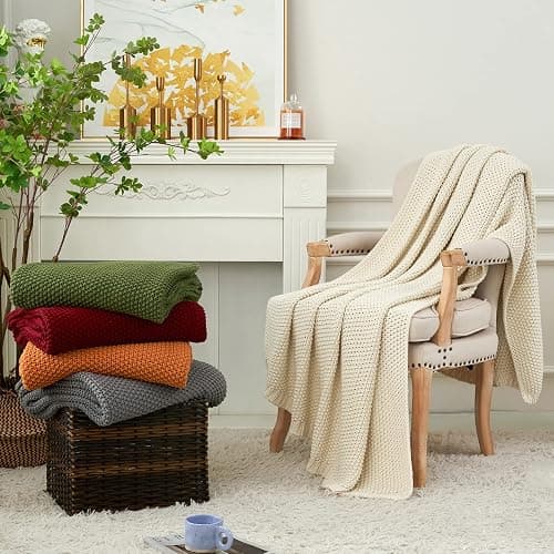 Longhui bedding Chunky Cable Knit Throw Blanket Lightweight Olive Green 100% Organic Cotton Blanket for Sofa Couch Bed Baby Nursery, Rustic Shabby Chic Modern Farmhouse, 51” x 63” Give Laundering Bag thumbnail 6