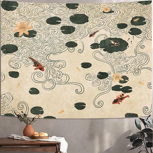Lifeella Japanese Tapestry, Koi Pond Tapestry, Abstract Lotus Lily Wall Hanging, Zen Nature Aesthetic Art Wall Decor for Bedroom Living Room Dorm, Beige 36x48 inches - Image 1