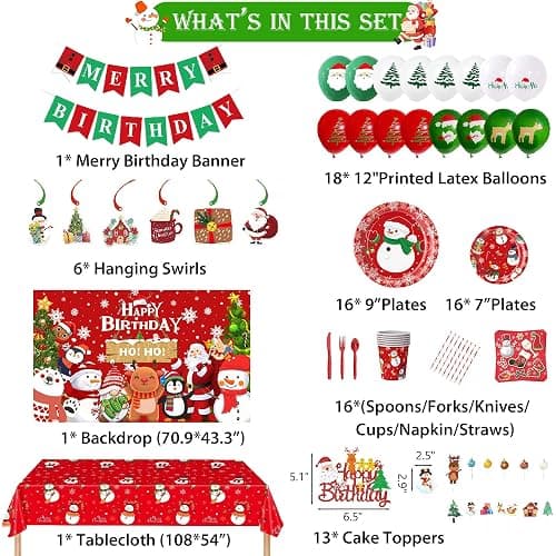 Merry Themed Happy Birthday Party Decorations,Christmas Supplies Plates Napkins, Cups Tableware, Birthday Banner, Cake Topper Snowman Backdrop Tablecloth, Colorful Printed Balloons for Kids and Adults thumbnail 4