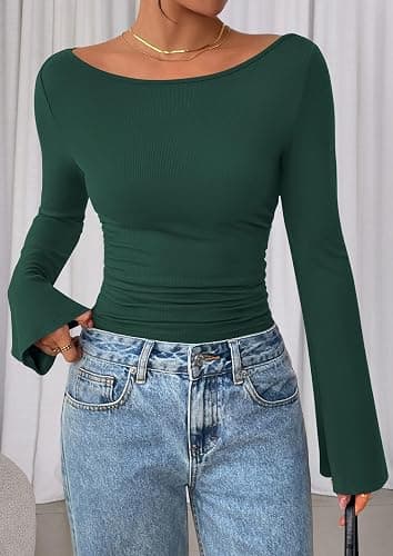 PRETTYGARDEN Womens Long Sleeve Shirts 2026 Spring Crop Going Out Tops Casual Boat Neck Bell Sleeve Ribbed Ruched Y2K Clothes thumbnail 8