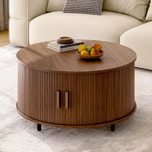 ONBRILL Round Coffee Table with Storage, 31.5" Modern Coffee Table with 360° Curved Sliding Door, Fluted Wood Accent Coffee Table with Adjustable Footpads, Round Center Table for Living Room, Walnut thumbnail 4