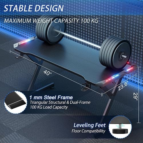 HLDIRECT 40 INCH Gaming Desk with LED Lights, Home Office Gamer Desk, Ergonomic Computer Table with Large Carbon Fiber Desktop, Office Workstation, Cup Holder & Headphone Hook, Black thumbnail 3