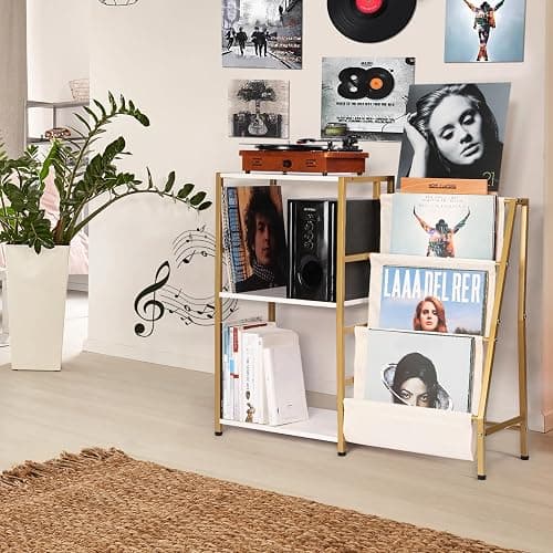 HYCFYJR Stand for Record Player, 3 Tier Vinyl Record Storage with Now Playing Holder, Turntable Stand, Vinyl Display with Speaker Storage for Living Room, Gold White thumbnail 2