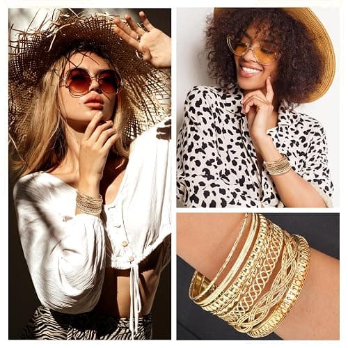 Yolev 7 Piezas Brazalete Oro Mujer Apilables Gruesos Boho Apilables Brazaletes Indios Conjunto de Joyería de Mujer India Conjunto de Joyería Vintage de Boda Africana Pulseras Oro Mujer thumbnail 5