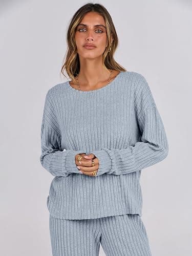 ANRABESS Women 2 Piece Lounge Pajamas Sets Casual Ribbed Knit Long Sleeve Top Pants Matching Set 2025 Fall Outfits Clothes thumbnail 3