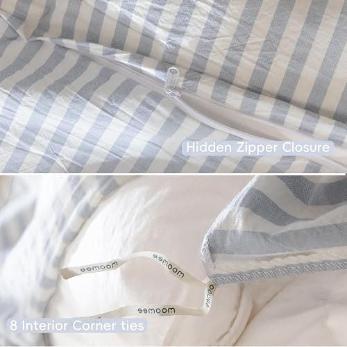 MooMee Striped Duvet Cover Set 100% Washed Cotton Linen Like Textured Breathable Durable Soft Comfy (Cornflower Blue White Classic Stripes, Twin 68"x90") thumbnail 7