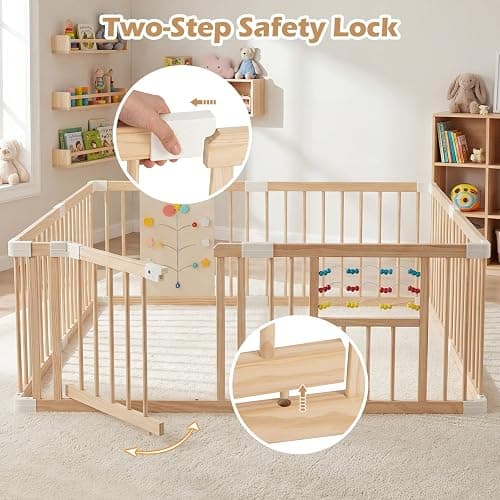INFANS Wooden Baby Playpen with Adjustable Size & Shape, 8 Panels, Child Proof Lock, Easy to Assemble, 63" x 63" Portable Play Yard for Babies Toddlers thumbnail 5