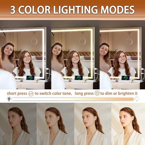 Hasipu Vanity Mirror with Lights, 47" x 30" LED Makeup Mirror, Lighted Makeup Mirror with Dimmable 3 Modes, Touch Screen Control Vanity Mirror Square White thumbnail 3