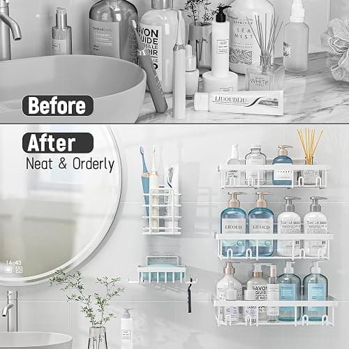 Liuoud 5 Pack Shower Caddy Organizer Rack Shelf for Inside Shower, Self Adhesive Wall Storage Basket Rustproof Stainless Steel Shampoo Holder Bathroom Accessory Decor Set, White thumbnail 6