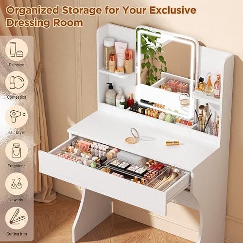 Vinabilia Small Vanity Desk with Mirror and Lights, Makeup Vanity with Storage Drawer, 2 Shelves and 3 Compartments - White thumbnail 3